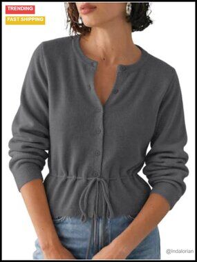Cropped Cardigan Button Up Tie Front Crew Neck Long Sleeve Knit Sweater